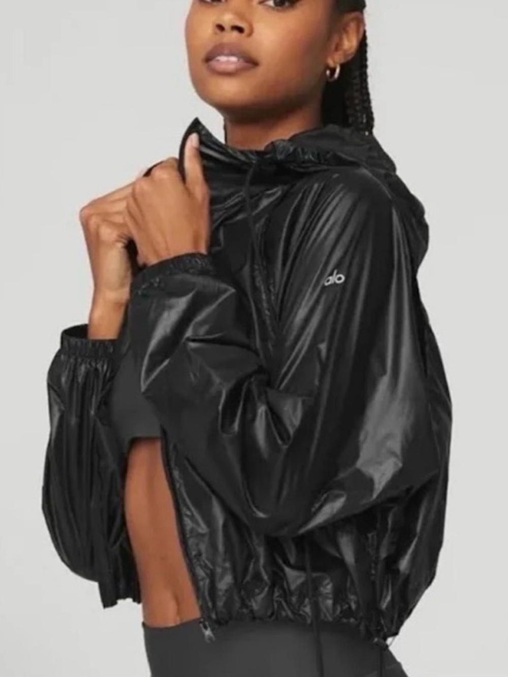 ALO Yoga Black Shiny Hooded Bomber Windbreaker Jacket